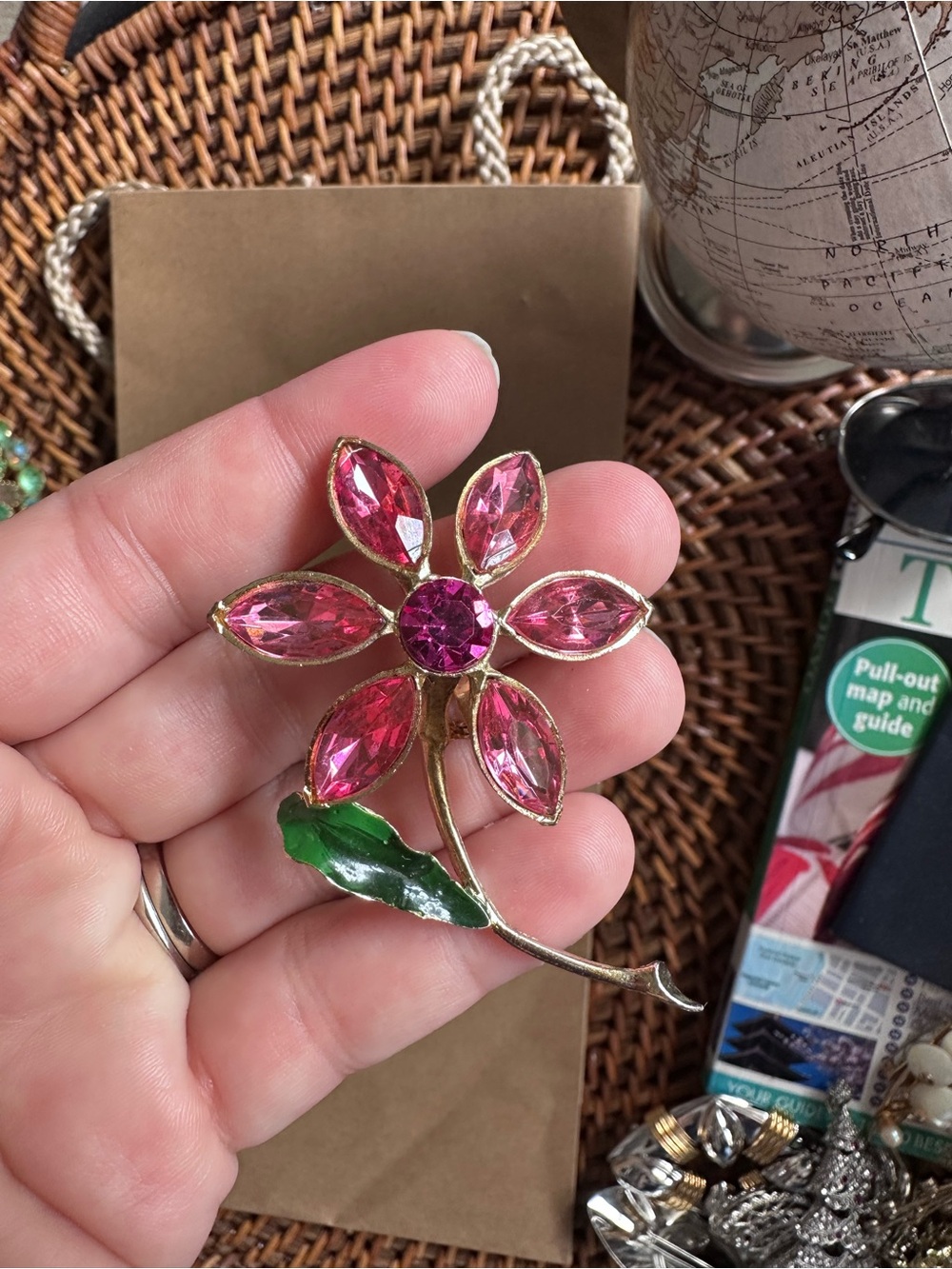 Vintage Pink Jeweled Flower Brooch Gold Tone with Green Enamel Leaf